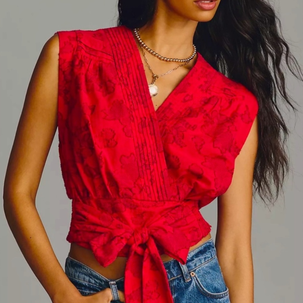 Anthropologie Sleeveless Wrap Top – Red Motif